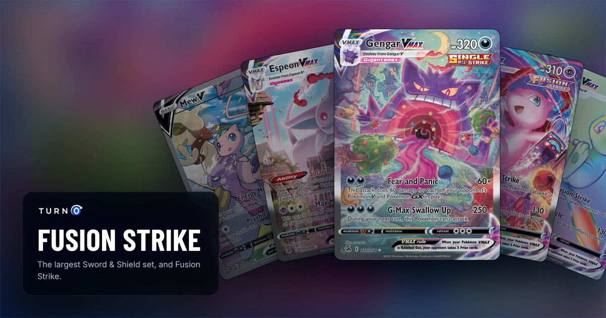 Five Fusion Strike chase cards fanned out: Mew V, Espeon VMAX, Gengar VMAX in front, Mew VMAX and Mew VMAX.