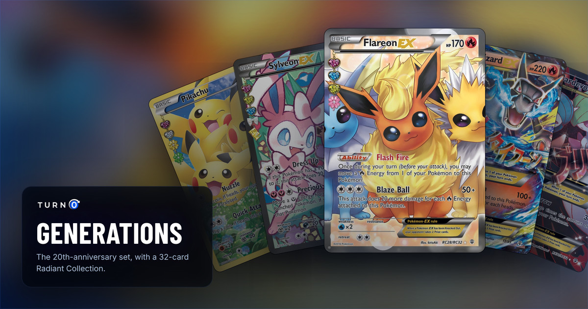 Five Generations chase cards fanned out: Pikachu, Sylveon-EX, Flareon-EX in front, M Charizard-EX and M Gardevoir-EX.