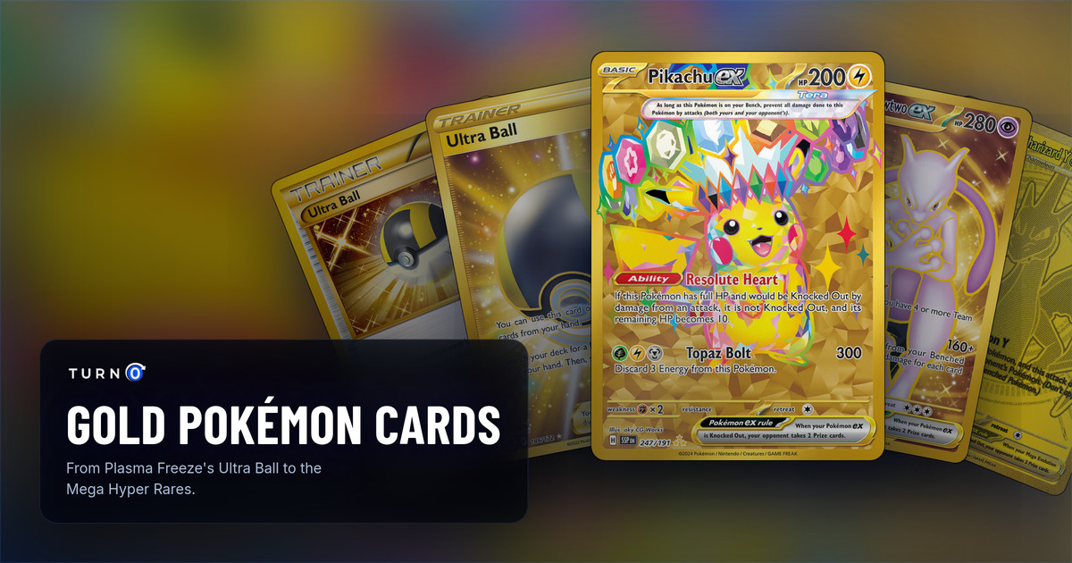 Five gold Pokémon cards fanned out: the Plasma Freeze and Brilliant Stars Ultra Balls, the Surging Sparks Pikachu ex Hyper Rare in front, Team Rocket's Mewtwo ex and Mega Charizard Y ex.