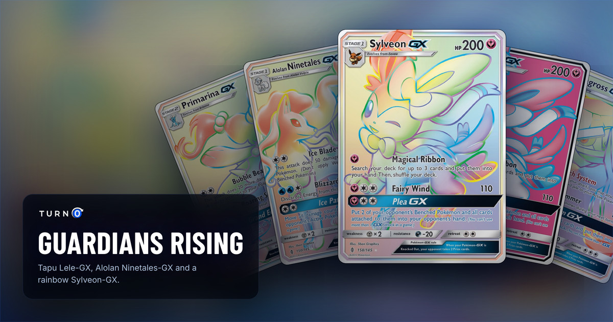 Five Guardians Rising chase cards fanned out: Primarina-GX, Alolan Ninetales-GX, Sylveon-GX in front, Sylveon-GX and Metagross-GX.
