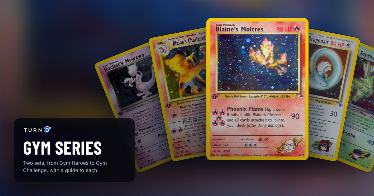 Chase cards from the Pokémon TCG Gym series fanned out: Rocket's Mewtwo, Blaine's Charizard, Blaine's Moltres in front, Erika's Dragonair and Rocket's Scyther.