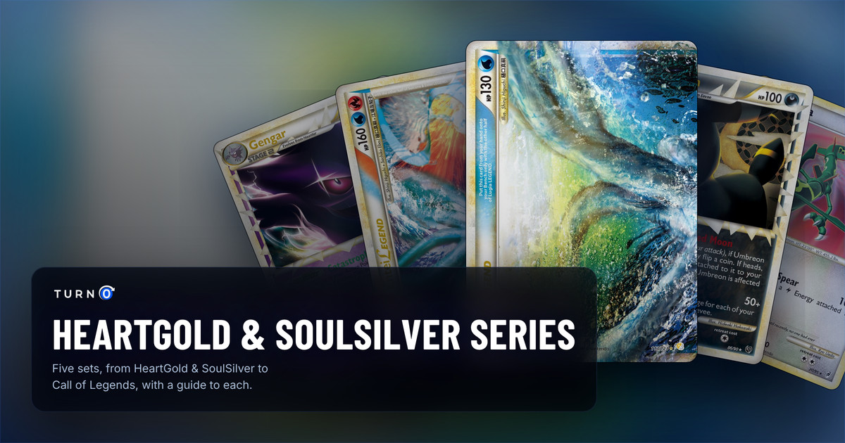 Chase cards from the Pokémon TCG HeartGold & SoulSilver series fanned out: Gengar, Suicune & Entei LEGEND, Lugia LEGEND in front, Umbreon and Rayquaza.