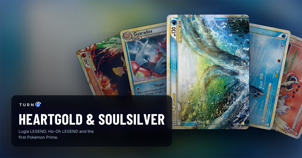 Five HeartGold & SoulSilver cards fanned out: Ho-Oh LEGEND, Gyarados, Lugia LEGEND in front, Lugia LEGEND and Ho-Oh LEGEND.