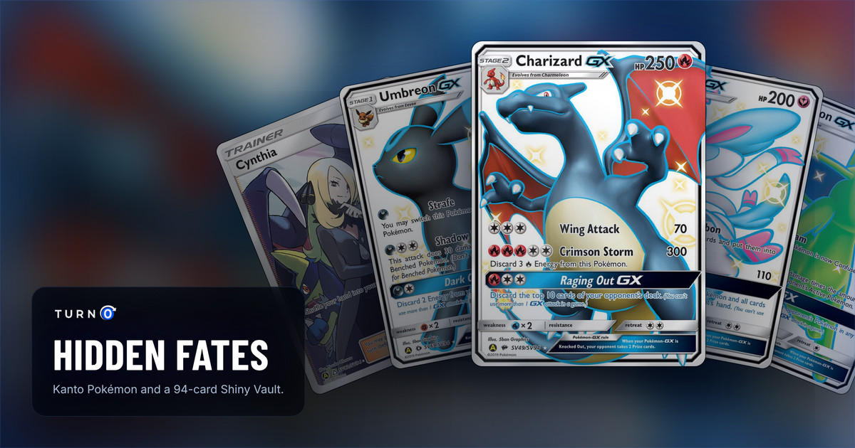 Five Hidden Fates chase cards fanned out: Cynthia, Umbreon-GX, Charizard-GX in front, Sylveon-GX and Espeon-GX.