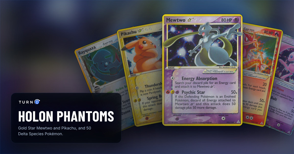 Five Holon Phantoms cards fanned out: Rayquaza δ, Pikachu ★, Mewtwo ★ in front, Gyarados ★ δ and Mew ex.