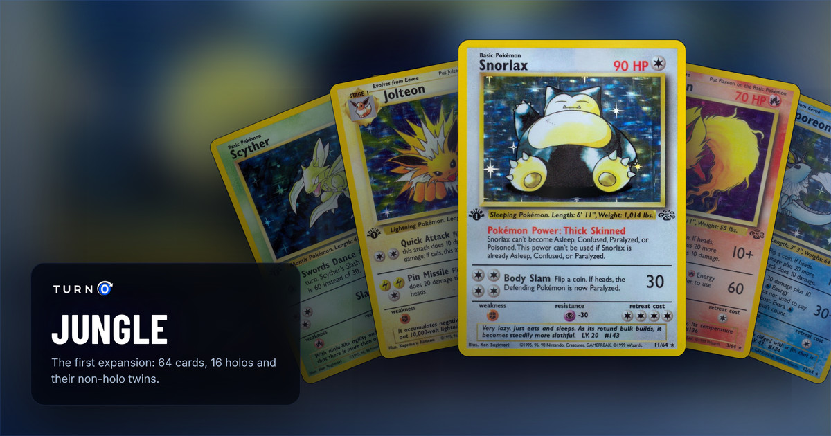 Five Jungle cards fanned out: Scyther, Jolteon, Snorlax in front, Flareon and Vaporeon.