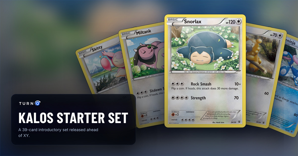 Five Kalos Starter Set chase cards fanned out: Skitty, Miltank, Snorlax in front, Bidoof and Greninja.