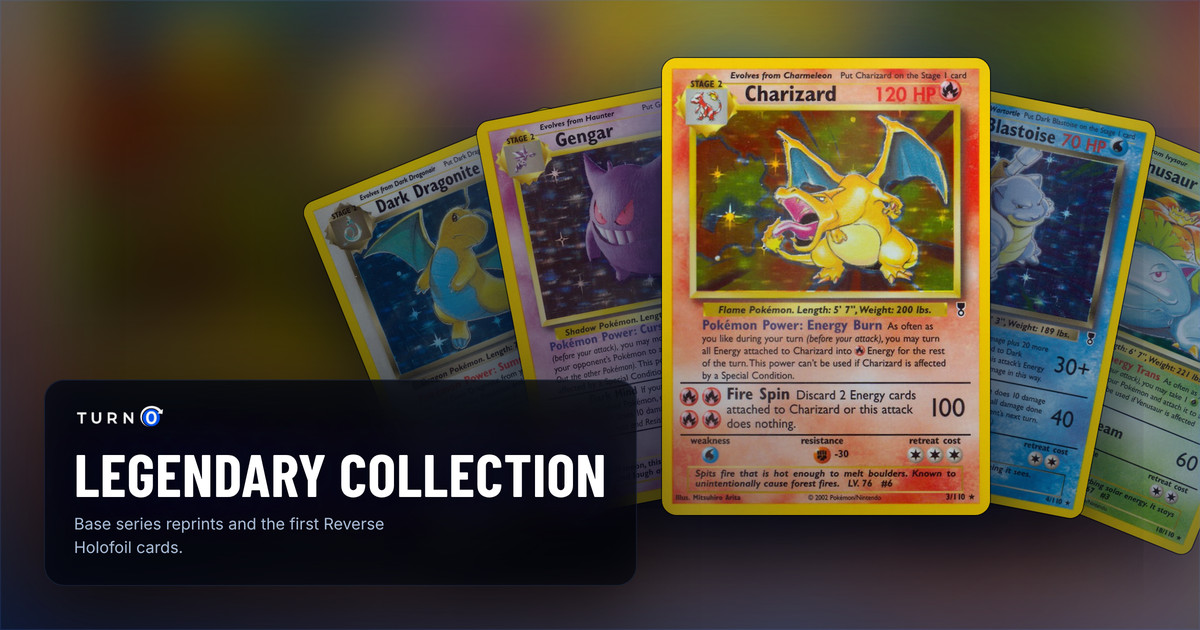 Five Legendary Collection cards fanned out: Dark Dragonite, Gengar, Charizard in front, Dark Blastoise and Venusaur.