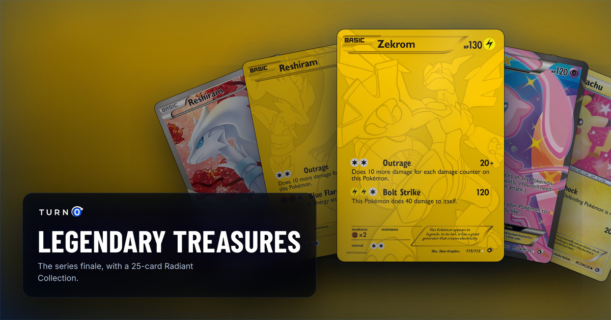 Five Legendary Treasures chase cards fanned out: Reshiram, Reshiram, Zekrom in front, Mew-EX and Pikachu.