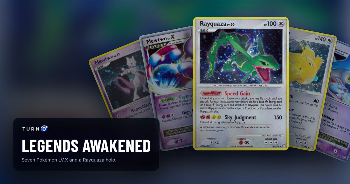 Five Legends Awakened cards fanned out: Mewtwo, Mewtwo LV.X, Rayquaza in front, Dragonite and Azelf LV.X.