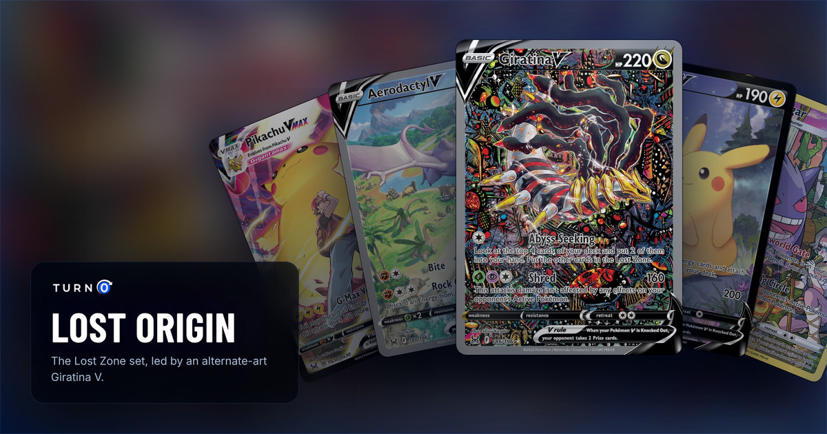Five Lost Origin chase cards fanned out: Pikachu VMAX, Aerodactyl V, Giratina V in front, Pikachu V and Gengar.