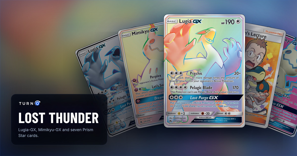 Five Lost Thunder chase cards fanned out: Lugia-GX, Mimikyu-GX, Lugia-GX in front, Professor Elm's Lecture and Mimikyu-GX.