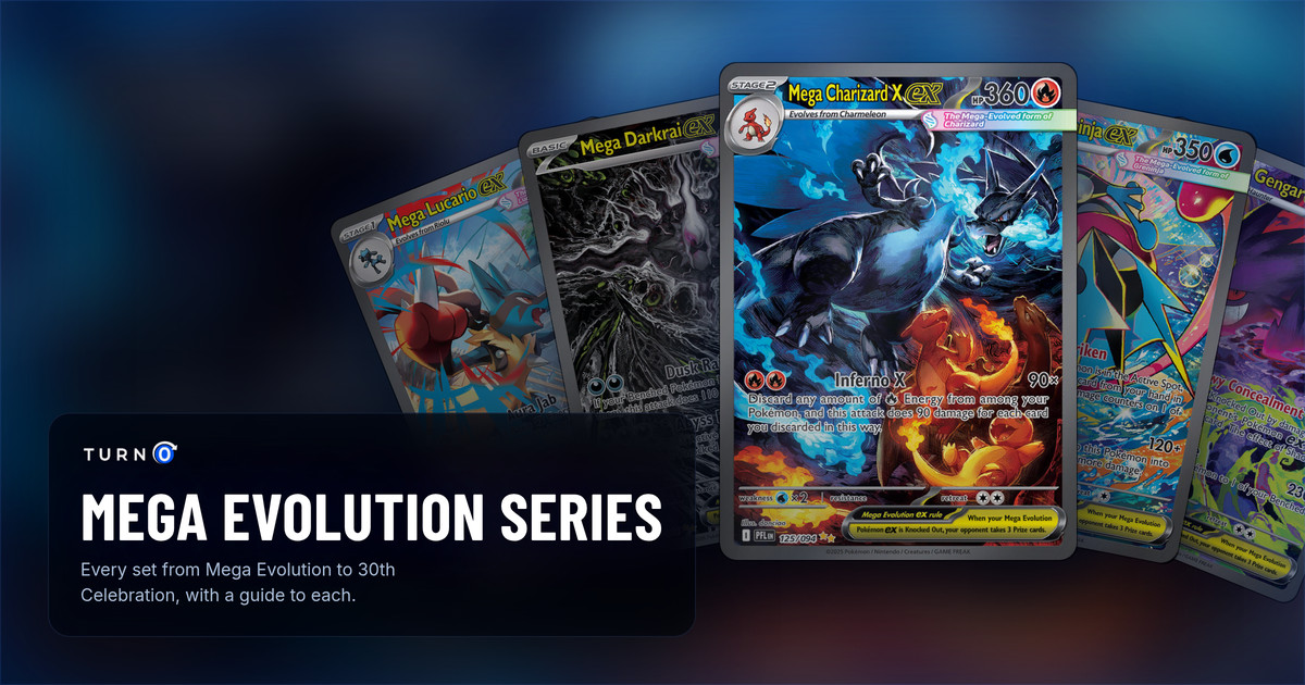 Five Mega Evolution ex Special Illustration Rares from across the series fanned out: Mega Lucario ex, Mega Darkrai ex, Mega Charizard X ex in front, Mega Greninja ex and Mega Gengar ex.