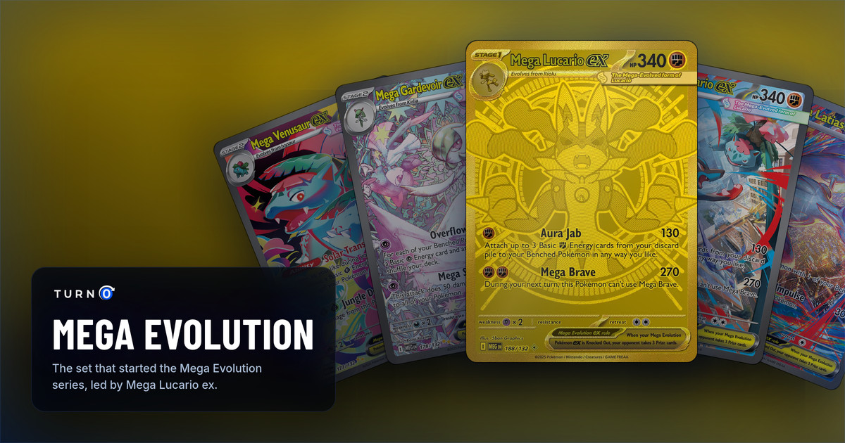 Five Mega Evolution chase cards fanned out: Mega Venusaur ex, Mega Gardevoir ex, the Mega Hyper Rare Mega Lucario ex in front, Mega Lucario ex and Mega Latias ex.