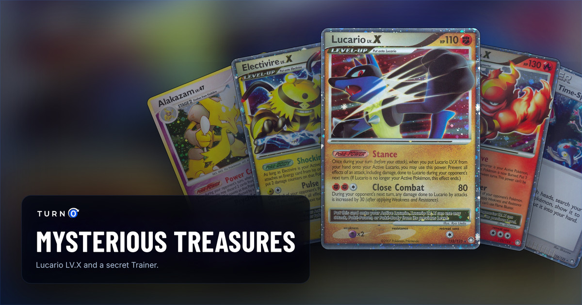 Five Mysterious Treasures cards fanned out: Alakazam, Electivire LV.X, Lucario LV.X in front, Magmortar LV.X and Time-Space Distortion.