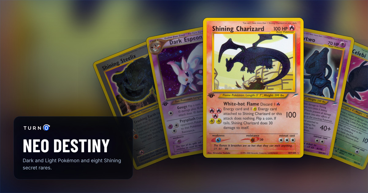Five Neo Destiny cards fanned out: Shining Steelix, Dark Espeon, Shining Charizard in front, Shining Mewtwo and Shining Celebi.