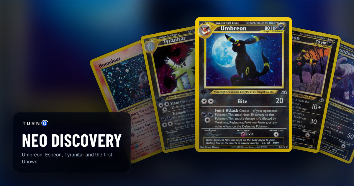 Five Neo Discovery cards fanned out: Houndour, Tyranitar, Umbreon in front, Umbreon and Houndoom.
