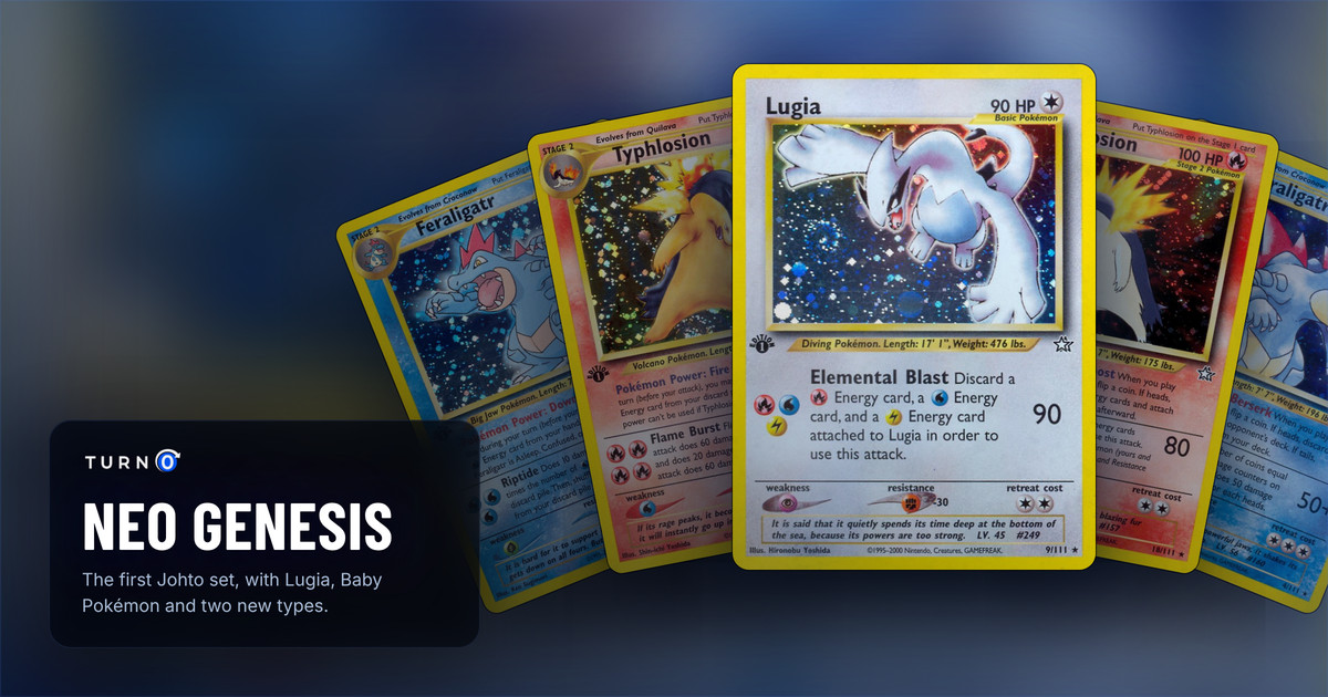 Five Neo Genesis cards fanned out: Feraligatr, Typhlosion, Lugia in front, Typhlosion and Feraligatr.