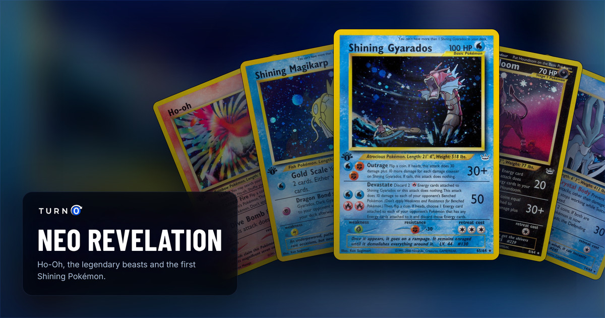 Five Neo Revelation cards fanned out: Ho-oh, Shining Magikarp, Shining Gyarados in front, Houndoom and Suicune.