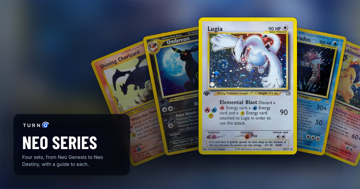 Chase cards from the Pokémon TCG Neo series fanned out: Shining Charizard, Umbreon, Lugia in front, Shining Gyarados and Typhlosion.
