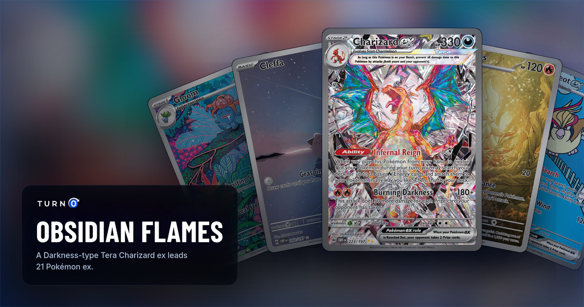 Five Obsidian Flames chase cards fanned out: Gloom, Cleffa, Charizard ex in front, Ninetales and Pidgeot ex.