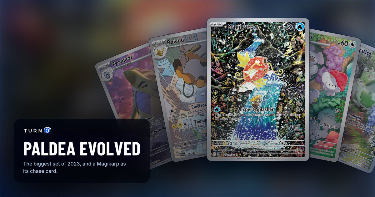 Five Paldea Evolved Illustration Rares fanned out: Tyranitar, Raichu, Magikarp in front, Maushold and Sprigatito.