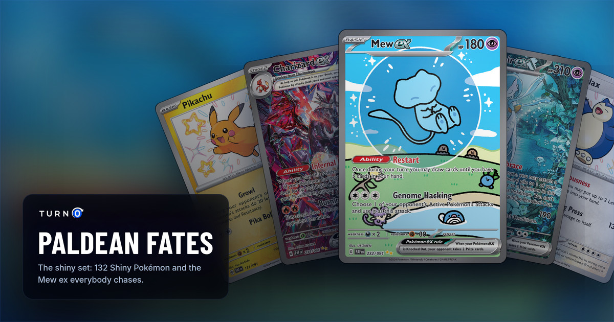 Five Paldean Fates chase cards fanned out: shiny Pikachu, Charizard ex, Mew ex in front, Gardevoir ex and shiny Snorlax.