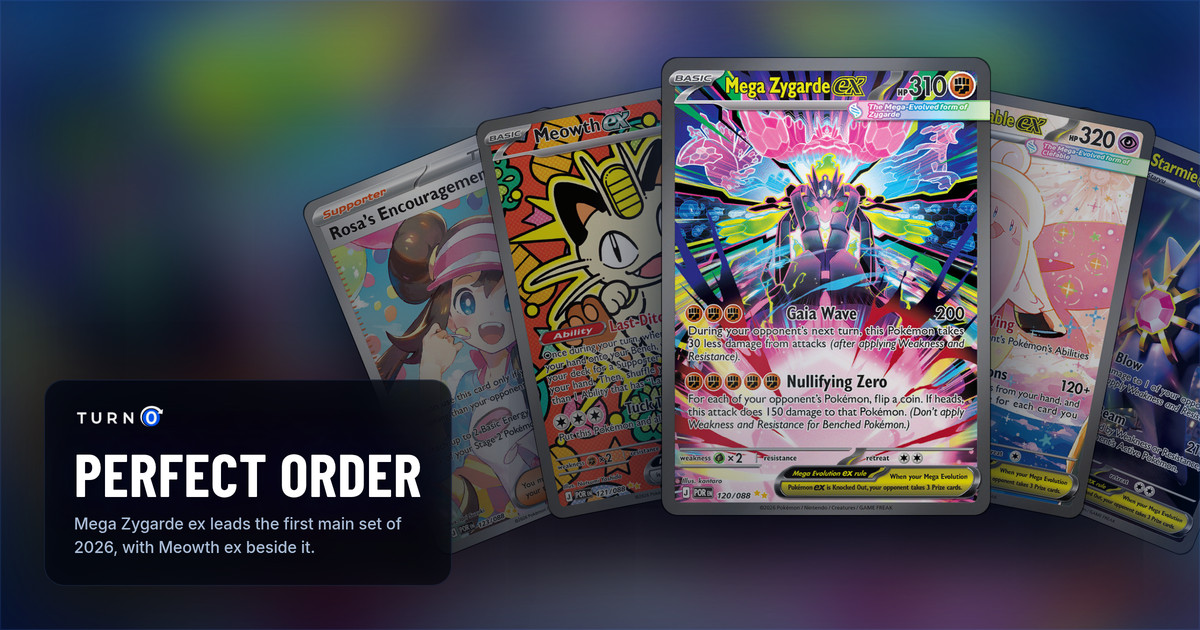 Five Perfect Order Special Illustration Rares fanned out: Rosa's Encouragement, Meowth ex, Mega Zygarde ex in front, Mega Clefable ex and Mega Starmie ex.