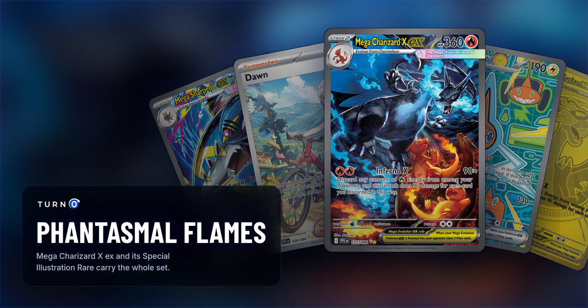 Five Phantasmal Flames chase cards fanned out: Mega Sharpedo ex, Dawn, Mega Charizard X ex in front, Rotom ex and the Mega Hyper Rare Mega Charizard X ex.