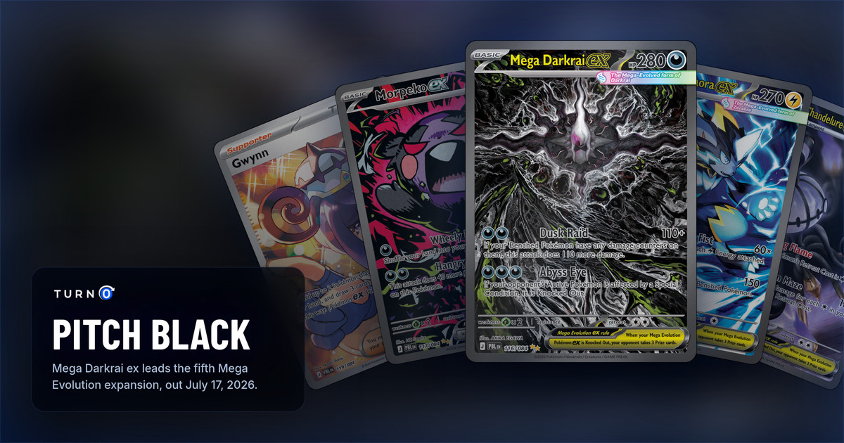 Five Pitch Black Special Illustration Rares fanned out: Gwynn, Morpeko ex, Mega Darkrai ex in front, Mega Zeraora ex and Mega Chandelure ex.
