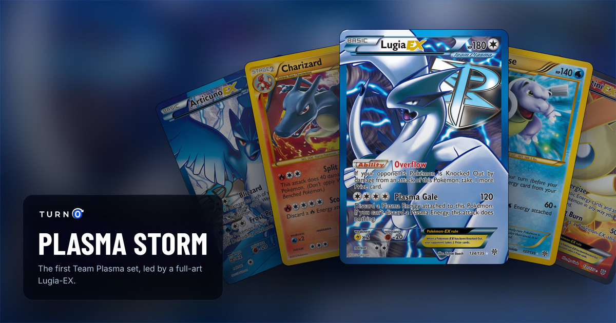 Five Plasma Storm chase cards fanned out: Articuno-EX, Charizard, Lugia-EX in front, Blastoise and Victini-EX.