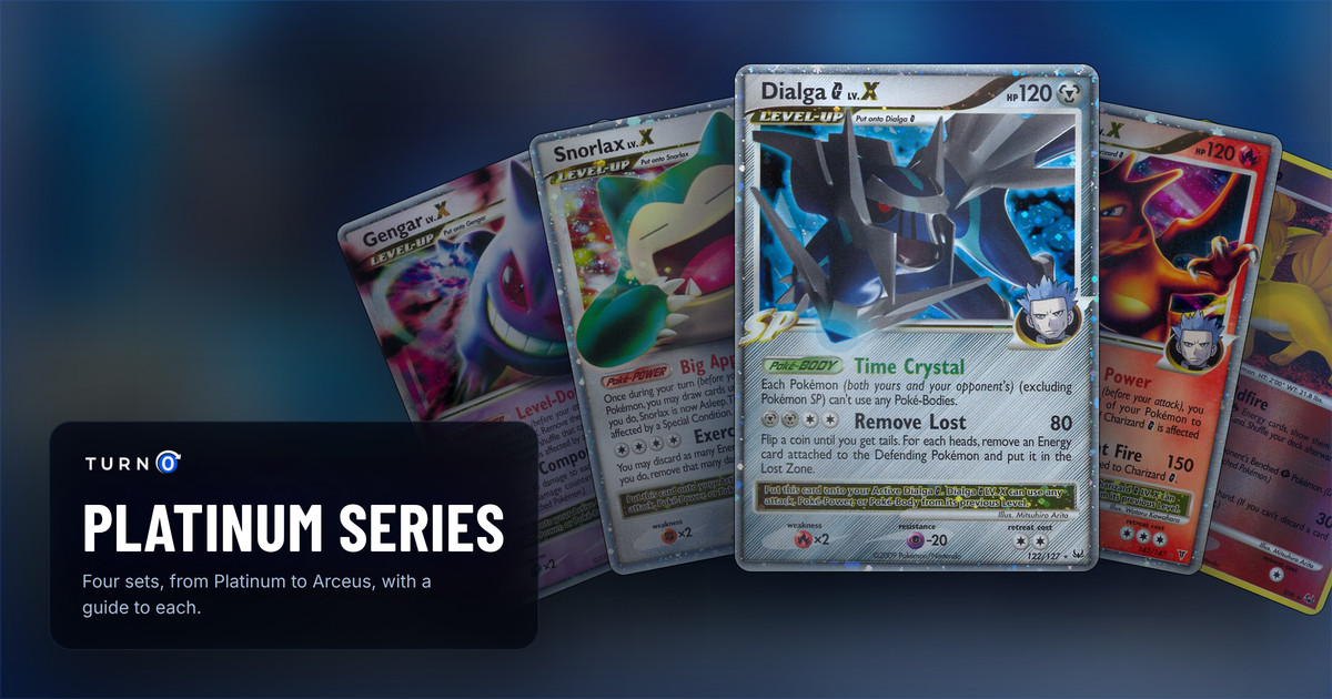 Chase cards from the Pokémon TCG Platinum series fanned out: Gengar LV.X, Snorlax LV.X, Dialga G LV.X in front, Charizard G LV.X and Vulpix.