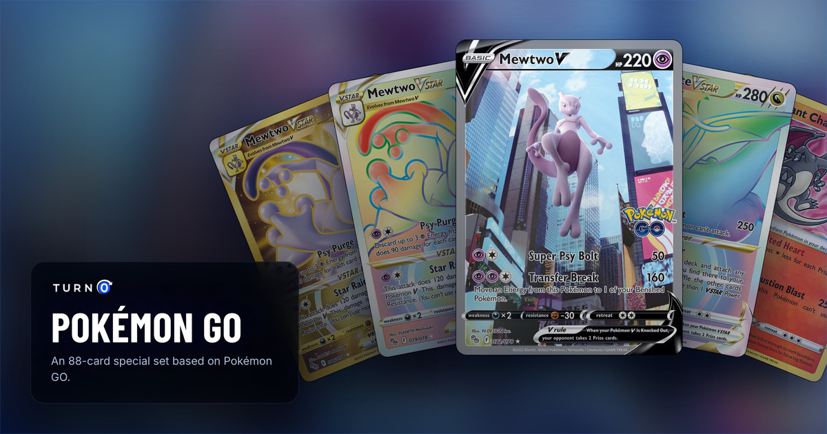 Five Pokémon GO chase cards fanned out: Mewtwo VSTAR, Mewtwo VSTAR, Mewtwo V in front, Dragonite VSTAR and Radiant Charizard.