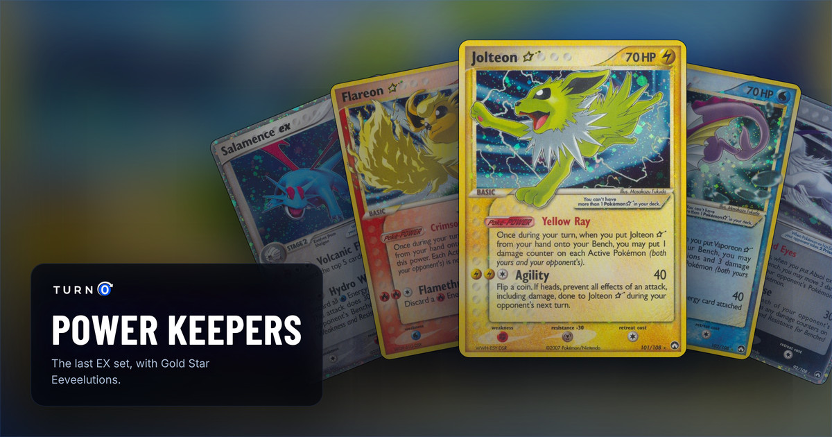 Five Power Keepers cards fanned out: Salamence ex, Flareon ★, Jolteon ★ in front, Vaporeon ★ and Absol ex.