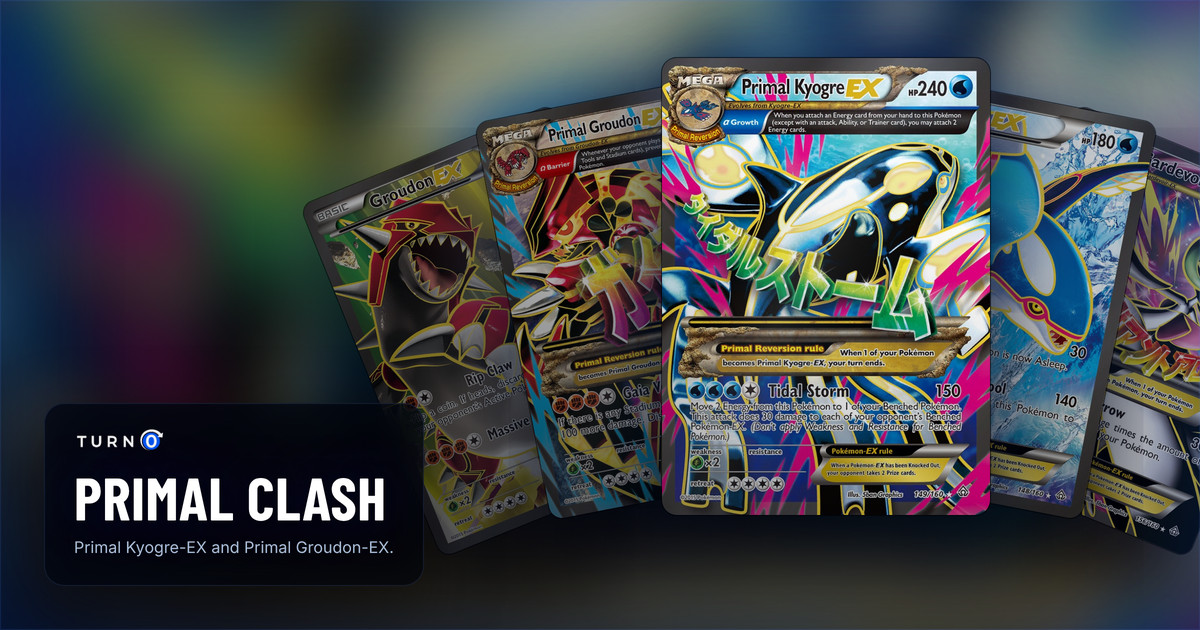 Five Primal Clash chase cards fanned out: Groudon-EX, Primal Groudon-EX, Primal Kyogre-EX in front, Kyogre-EX and M Gardevoir-EX.