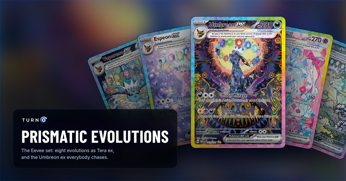 Five Prismatic Evolutions Special Illustration Rares fanned out: Vaporeon ex, Espeon ex, Umbreon ex in front, Sylveon ex and Leafeon ex.
