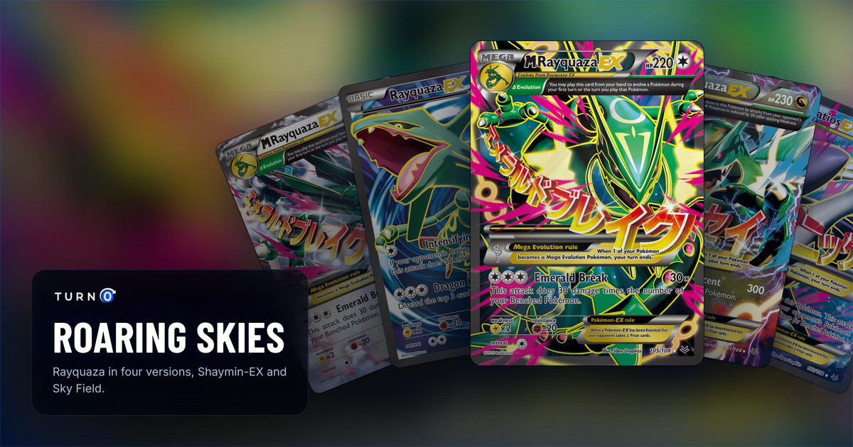Five Roaring Skies chase cards fanned out: M Rayquaza-EX, Rayquaza-EX, M Rayquaza-EX in front, M Rayquaza-EX and M Latios-EX.