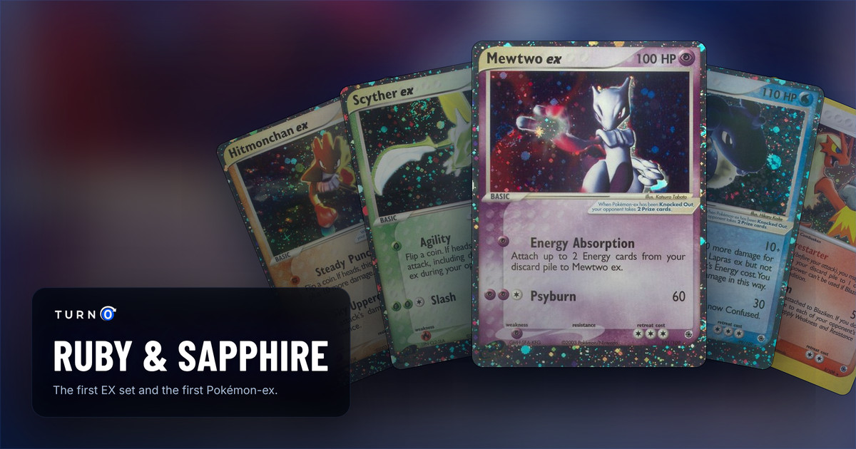 Five Ruby & Sapphire cards fanned out: Hitmonchan ex, Scyther ex, Mewtwo ex in front, Lapras ex and Blaziken.