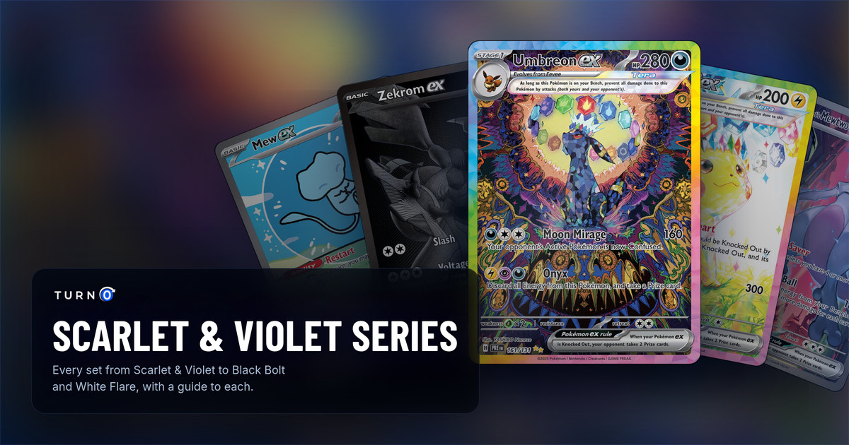 Five Scarlet & Violet chase cards fanned out: Mew ex, Zekrom ex Black White Rare, Umbreon ex in front, Pikachu ex and Team Rocket's Mewtwo ex.