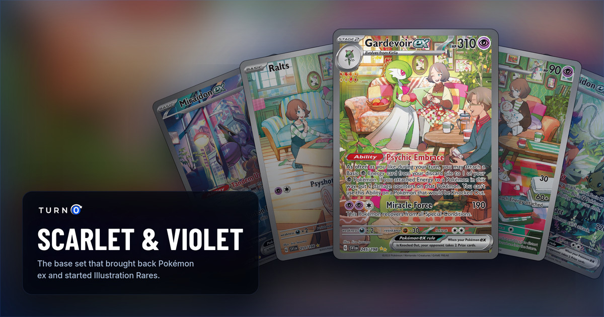 Five Scarlet & Violet chase cards fanned out: Miraidon ex, Ralts, Gardevoir ex in front, Kirlia and Koraidon ex.