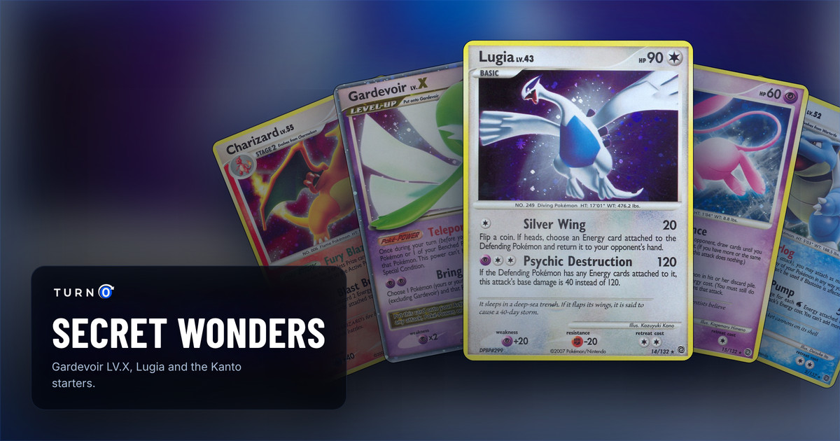 Five Secret Wonders cards fanned out: Charizard, Gardevoir LV.X, Lugia in front, Mew and Blastoise.