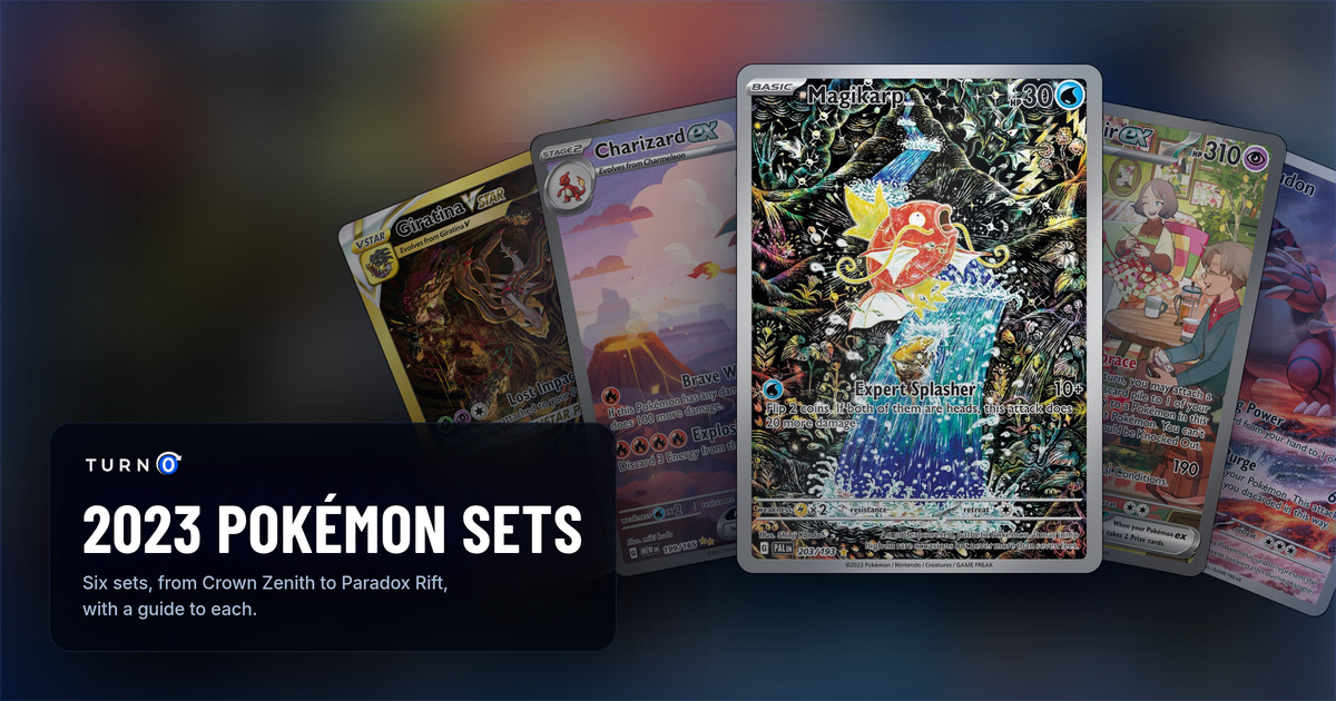The chase card of five 2023 Pokémon TCG sets fanned out: Giratina VSTAR, Charizard ex from 151, the Magikarp Illustration Rare in front, Gardevoir ex and Groudon.
