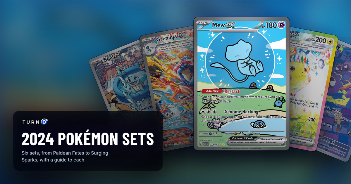 The chase card of five 2024 Pokémon TCG sets fanned out: Squirtle, Greninja ex, Mew ex in front, Pikachu ex and Gastly.