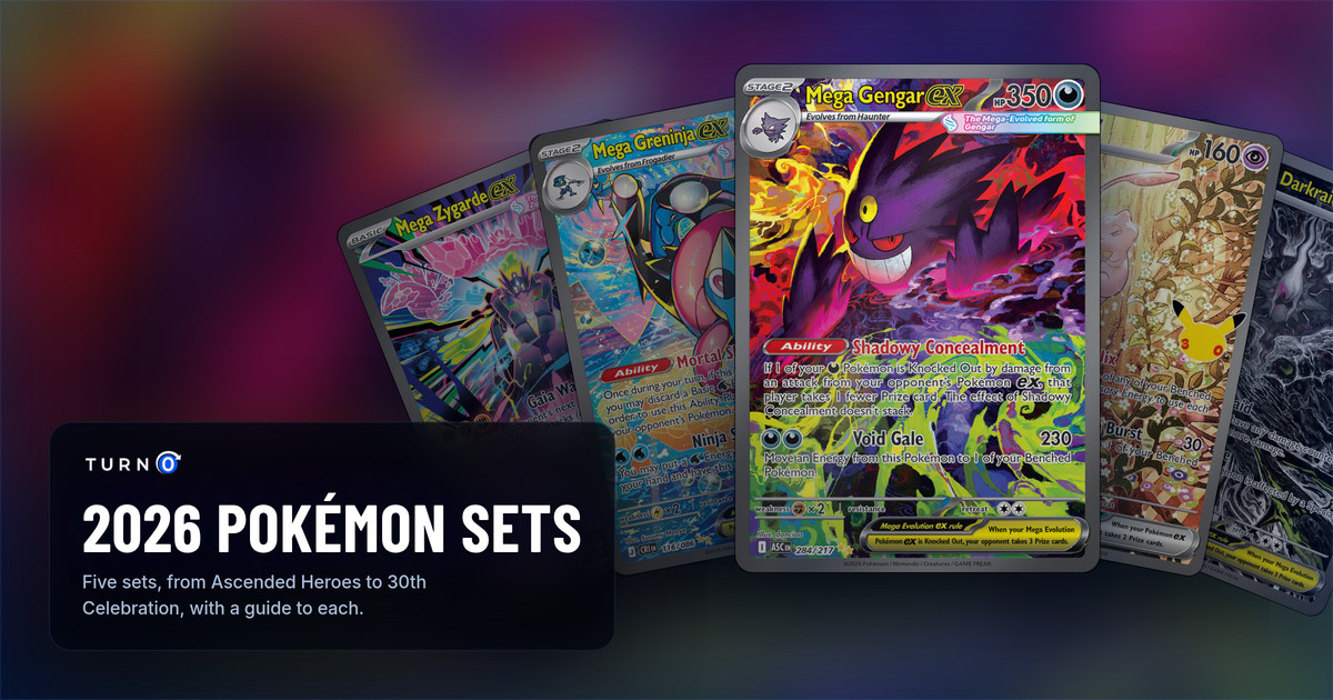 The face card of each 2026 Pokémon TCG set fanned out as Special Illustration Rares: Mega Zygarde ex, Mega Greninja ex, Mega Gengar ex in front, Mew ex and Mega Darkrai ex.