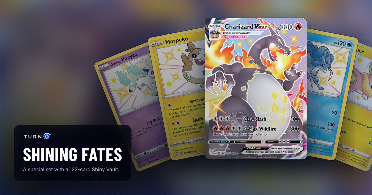 Five Shining Fates chase cards fanned out: Galarian Ponyta, Morpeko, Charizard VMAX in front, Suicune and Yamper.