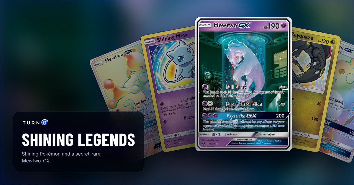 Five Shining Legends chase cards fanned out: Mewtwo-GX, Shining Mew, Mewtwo-GX in front, Shining Rayquaza and Raichu-GX.