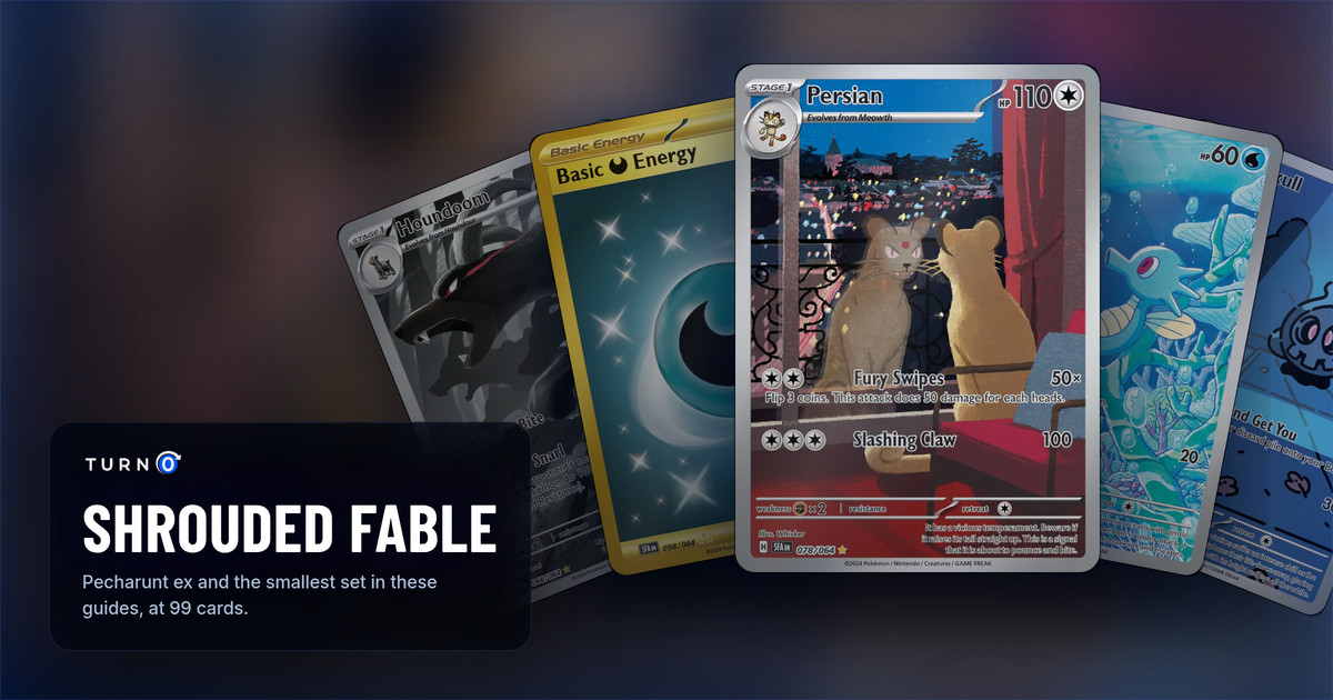 Five Shrouded Fable chase cards fanned out: Houndoom, the gold Basic Darkness Energy, the Persian Illustration Rare in front, Horsea and Duskull.