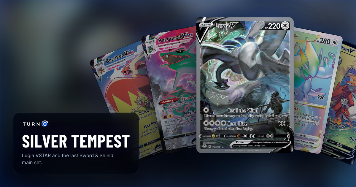 Five Silver Tempest chase cards fanned out: Blaziken VMAX, Rayquaza VMAX, Lugia V in front, Lugia VSTAR and Blaziken V.