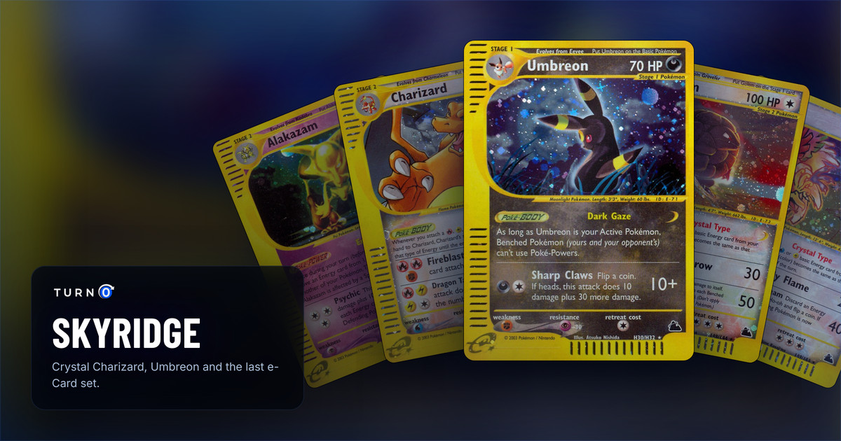 Five Skyridge cards fanned out: Alakazam, Charizard, Umbreon in front, Golem and Ho-oh.
