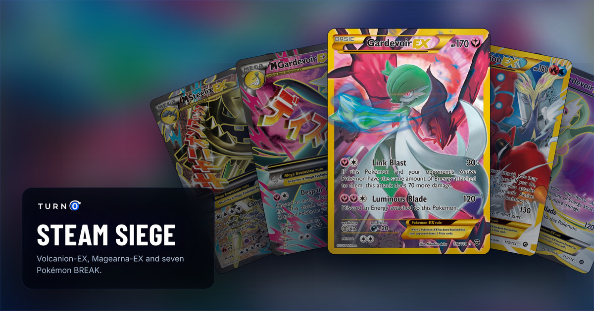 Five Steam Siege chase cards fanned out: M Steelix-EX, M Gardevoir-EX, Gardevoir-EX in front, Volcanion-EX and Gardevoir-EX.